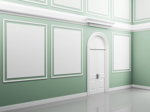 Palace interior with light green walls and white door