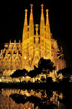 Sagrada Familia at night in Barcelona, Spain
