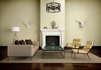 Beige interior fireplace modern atmospheric lounge living room
