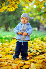 cute baby boy stands among fallen leaves in autumn park