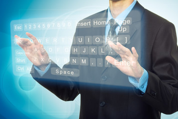 Businessman Hands pushing a button on a touch screen
