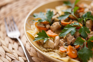 Chicken with noodles and carrots - obrazy, fototapety, plakaty