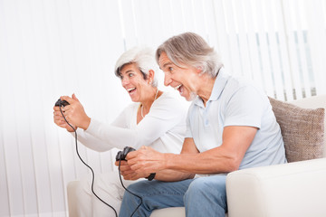 Middle-aged couple playing computer games