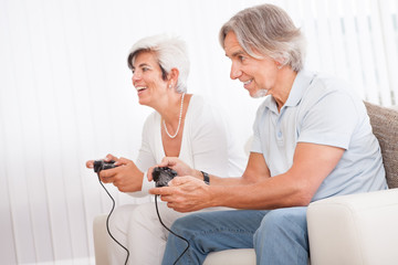 Middle-aged couple playing computer games