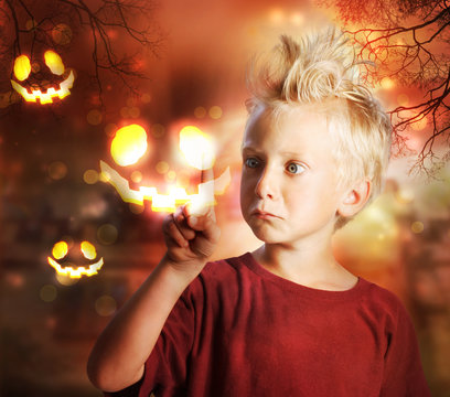 Boy Touching Halloween Ghost