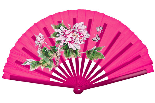 Pink oriental chinese fan isolated on white background
