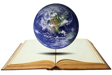 Opened old book with earth isolated on white background