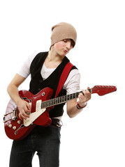 A  portrait of a young guitarist , isolated on white background