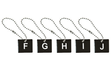 Black metal key tag with letter F-J