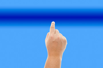 Human hand touching the blue background