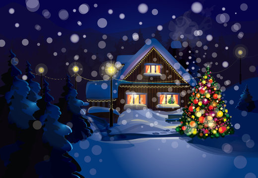 Vector of Christmas scene, snowfall is in separated layer.