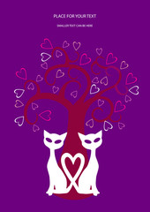 valentine card with two white cats,hearts and tree