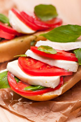 Sandwich with mozzarella cheese, tomato and basil