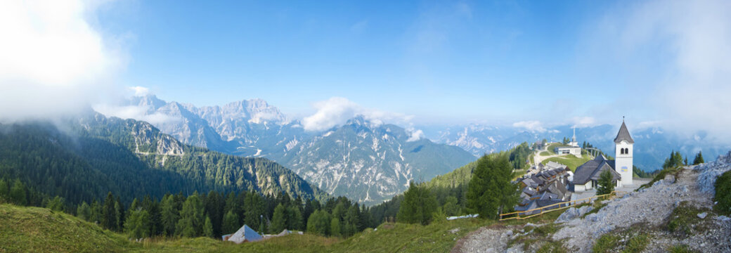 panoramic view of monte lussari, small mountain village, italy