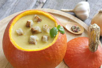 Pumpkin soup with croutons and components