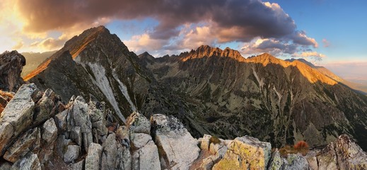 Mountain sunset panorama at autumn in Slovakia - High Tatras - obrazy, fototapety, plakaty