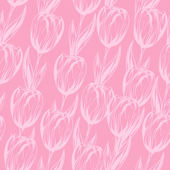 Seamless pattern with pink tulips. Vector background.
