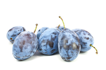 Fresh blue plums on the white background