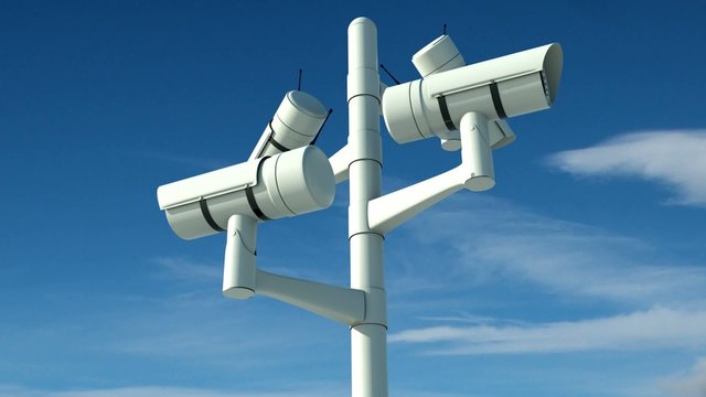 security cameras in motion under the clouds with green screen