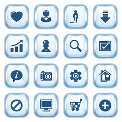 Basic web icons on glossy buttons.