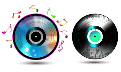 Vinyl record with CD and music notes