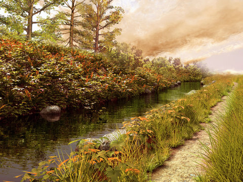 Rzeka i ścieżka w jesiennych kolorach