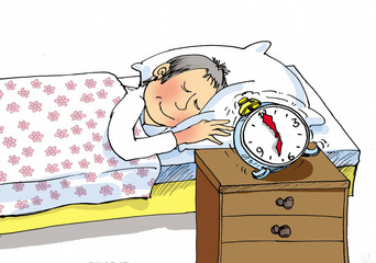 Illustration of an Alarm Clock and sleeping man