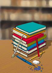 Iillustration of colorful book with pencil, pen, ink and eraser