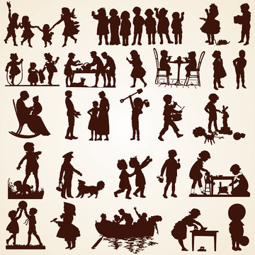 Children silhouettes, children doing different things playing