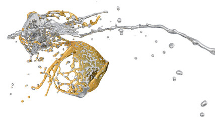 silver and gold splashes collide - isolated on white