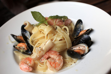 Pasta with seafood on plate