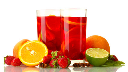 sangria in glasses with fruits, isolated on white