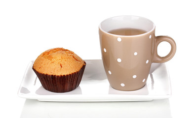 Fresh muffin with tea isolated on white