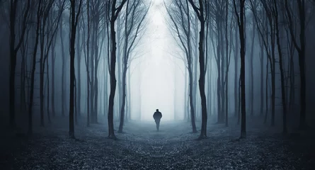 Keuken foto achterwand Bosweg Silhouet van eenzame man in het bos