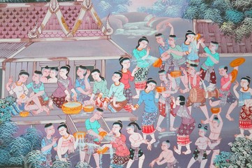 The public Thai art painting image on the wall in the temple