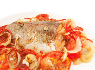 baked  trout with tomatoes and onion for Mediterranean recipe