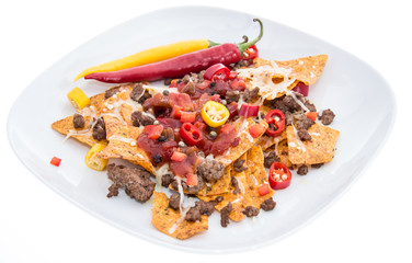 Nachos with Meat and Cheese on white