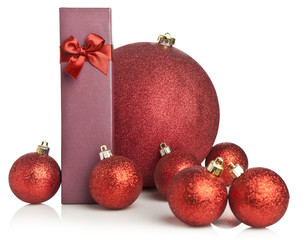Red Christmas gift box and baubles