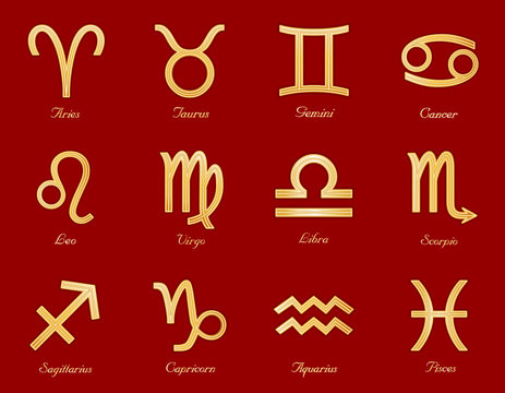 Zodiac Sun Signs, gold astrology symbols, horoscope, labels