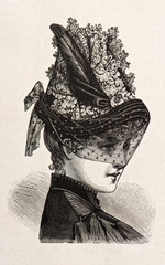 young woman wearing an elegant hat. engraved illustration 1885