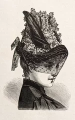 Poster young woman wearing an elegant hat. engraved illustration 1885 © LiliGraphie