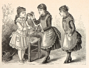 Fototapeta na wymiar małe dziewczynki bawiące się lalką. wyryty 1885