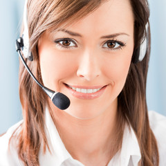 Happy smiling support phone operator at office