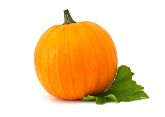 Fresh pumpkin with leaves isolated on white