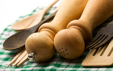 Wooden salt and pepper set with spoon