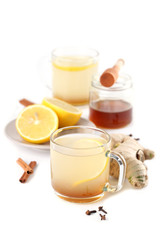 Ginger tea with honey, lemon, cinnamon and cloves