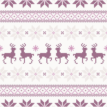 Seamless Cross Stitching Pattern Norwegian Style Purple/Beige