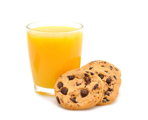 Orange juice and cookies on a white background