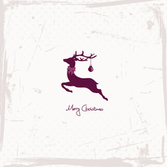 Flying Reindeer With Bow Purple Retro Beige Background