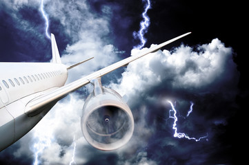 airplane crash in a storm with lightning